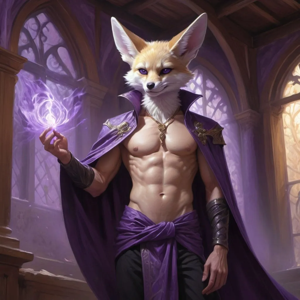 Prompt: male kitsune-fennec in a bare-chested revealing black outfit with purple energy covering his hand in front of the interior of an medieval aristocrat's house creates rays of purple energy, Donato Giancola, fantasy art, epic fantasy character art, concept art