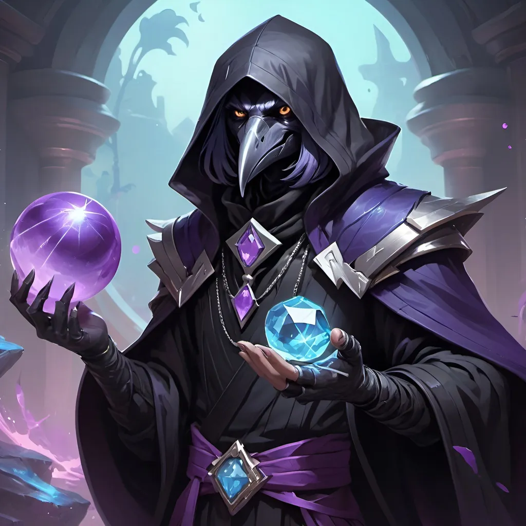 Prompt: a young kenku crow in a black outfit with a silver brooch with a pale blue gem holding a purple object in his hand and a purple magical energy in his other hand, Dr. Atl, vanitas, league of legends splash art, cyberpunk art