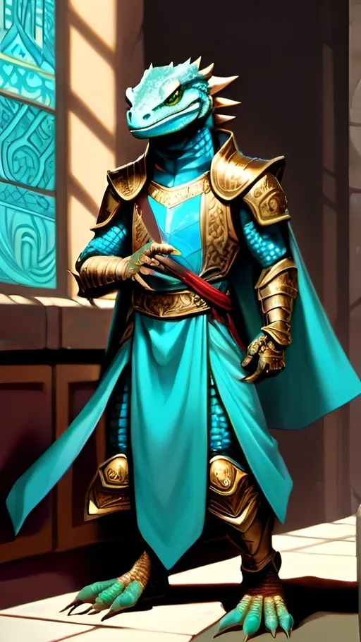 Prompt: A lizardfolk paladin with a khopesh in his right hand, slim athletic build, his muzzle looks like a cayman, he smiles reservedly, his scales are pale blue, he mysteriously looks somewhere into the distance. He is dressed in oriental style metal heavy armor. Behind his back is a turquoise cloak. He stands against the background of a fantasy temple interior, colored stained glass windows from which daylight falls, curtains hanging down to the floor. Highly detailed.