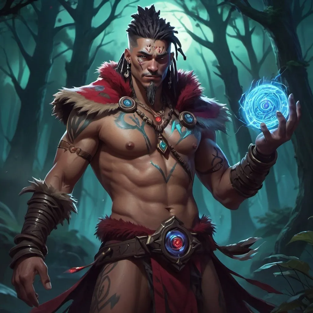 Prompt: a bare-chested shaman dressed like a medieval savage draws a magic seal in front of night forest, Dr. Atl, vanitas, league of legends splash art, cyberpunk art