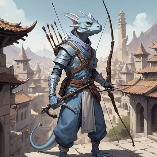 Prompt: a silver lizard-kobold archer from Dungeons and Dragons with a horned head and a bow in his hand wearing pale indigo arabic clothes, holding a bow at the ready in his hand, standing in front of a medieval oriental fantasy city background, Dr. Atl, vanitas, league of legends splash art, cyberpunk art