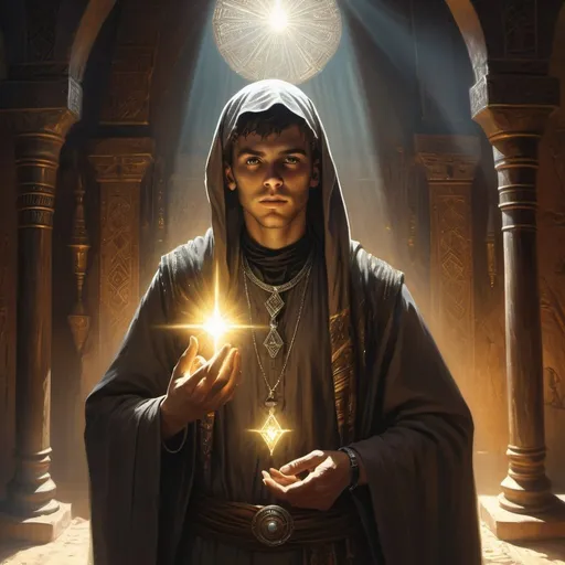 Prompt: a young man-priest dressed as a Bedouin with glowing eyes with rays of light in his hands in front of richly decorated wizard’s chambers during the day, Aleksi Briclot, gothic art, deviantart artstation, a fine art painting