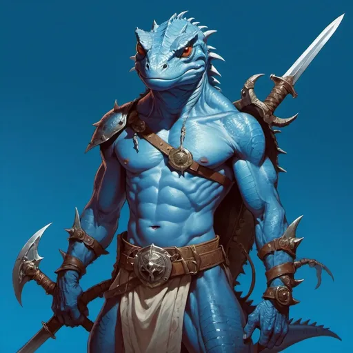 Prompt: a blue lizardman with a bare chest and sword and a bag on his shoulder and a sword in his hand, standing in front of a blue background, Art of Brom, fantasy art, epic fantasy character art, concept art