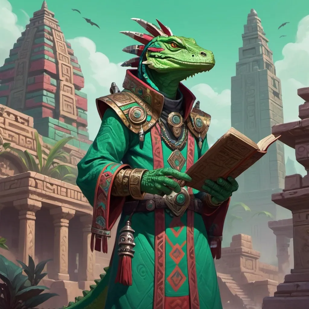 Prompt: a green lizardman nobleman in Aztec robes with ornate scroll with sealing wax in his hand, standing in front of a Aztec city, Dr. Atl, vanitas, league of legends splash art, cyberpunk art
