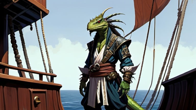 Prompt: a lizardman corsair in medieval pirate oriental clothes standing on board of ship, Art of Brom, fantasy art, epic fantasy character art, concept art