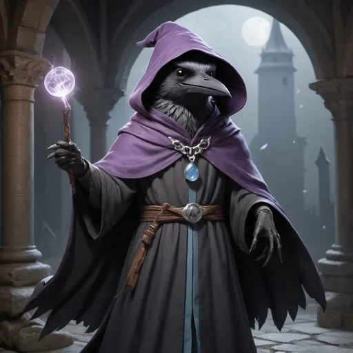 Prompt: The young witch Kenku from Dungeons and Dragons. He casts a magic spell and lilac streams of magical energy and lilac lightning burst out of his paws, and magical seals appear. He is thin, he has gray plumage, and his facial features are refined, his face looks like a crow. Kenku is excited and smiles playfully. He wears a hood, a long dark gray cloak, and the front of the cloak is fastened with a silver chain near his collarbones. A silver brooch with a pale blue gem is attached to the robe on the left chest. In the background, the interior of a stone medieval building. Night. High detailed.