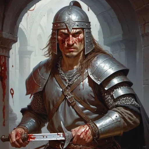 Prompt: a man dressed like an slavic warrior with a saber and a helmet and chain mail shirt on from Transylvania holding a knife in his hand and a bloody face, Donato Giancola, fantasy art, epic fantasy character art, concept art