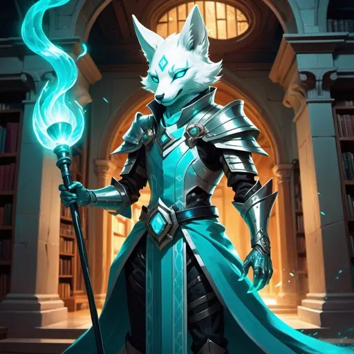 Prompt: A slender humanoid white kitsune in the stylish armor of a sorcerer with a metal rod in his hands creates a funnel of magical turquoise rays in front of interior of a stone mansion with a library in the midnight, Dr. Atl, vanitas, league of legends splash art, cyberpunk art