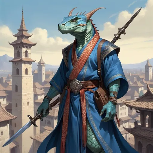 Prompt: a blue bare-chested lizardman wizard and sword and a bag on his shoulder and a 
yataghan in his hands in oriental attire in satin scarves around the neck on the body with long ears and horns, standing in front of a medieval european fantasy city background, Art of Brom, fantasy art, epic fantasy character art