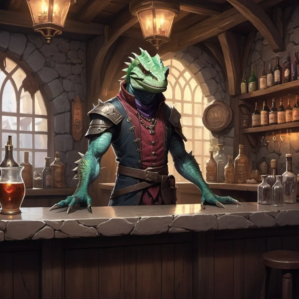 Prompt: A slender humanoid lizardman dressed as a medieval innkeeper stands behind the tavern counter in front of interior of a fantasy stone tavern, male, Dr. Atl, vanitas, league of legends splash art, cyberpunk art