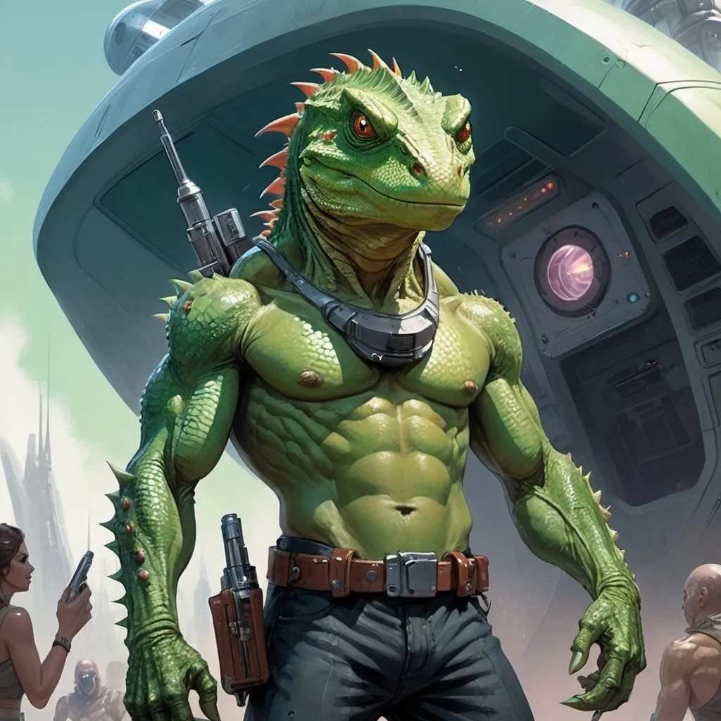 Prompt: A green lizardman, armed with a syringe pistol, dressed in a crop top, stands against the backdrop of a futuristic spaceship, Dave Dorman, antipodeans, character art, concept art