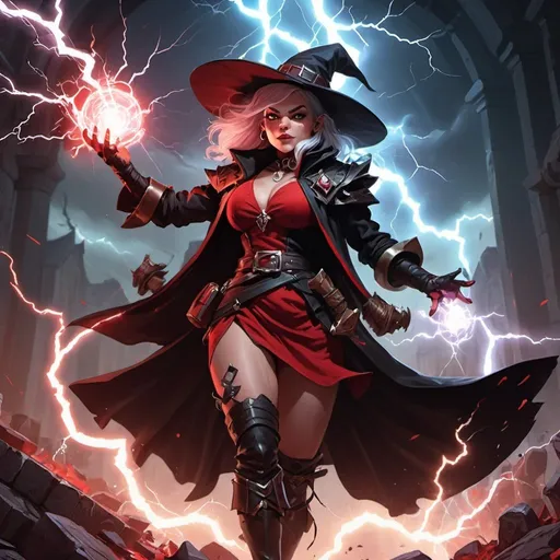 Prompt: a dwarf woman witch from Dungeons and Dragons in a red and black dress and a black coat and boots causes a lightning, Dr. Atl, vanitas, league of legends splash art, cyberpunk art