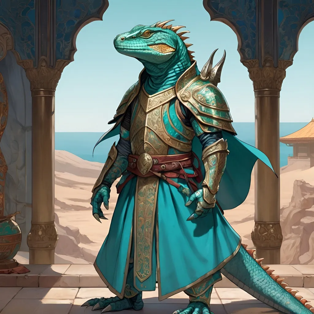 A lizardfolk paladin with a khopesh in his right han...