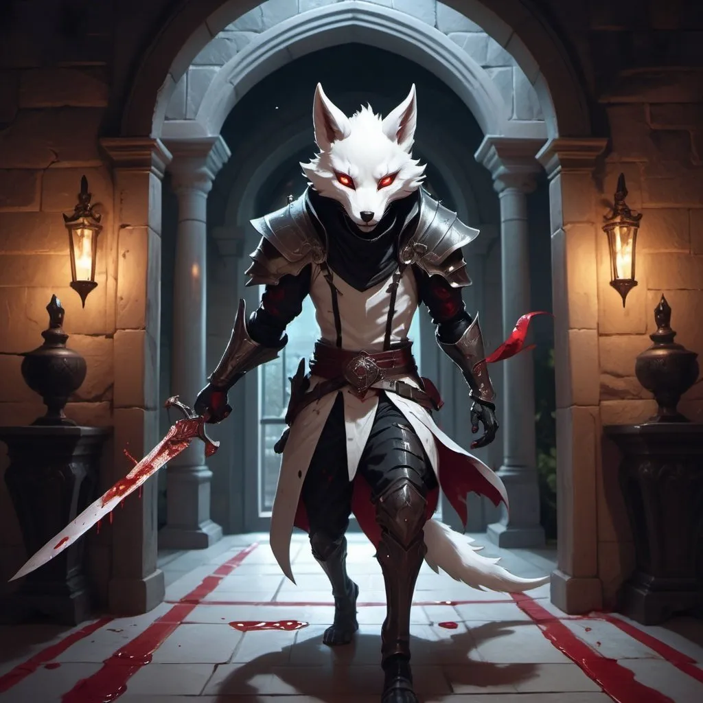 Prompt: A slender humanoid white kitsune in the stylish armor of a thief with bloody dagger in his hand runs in front of interior of a stone mansion in the midnight, Dr. Atl, vanitas, league of legends splash art, cyberpunk art