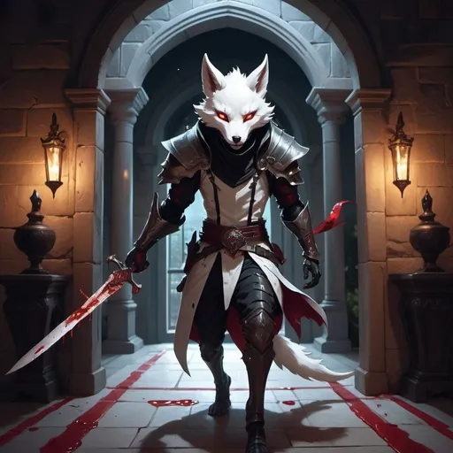 Prompt: A slender humanoid white kitsune in the stylish armor of a thief with bloody dagger in his hand runs in front of interior of a stone mansion in the midnight, Dr. Atl, vanitas, league of legends splash art, cyberpunk art