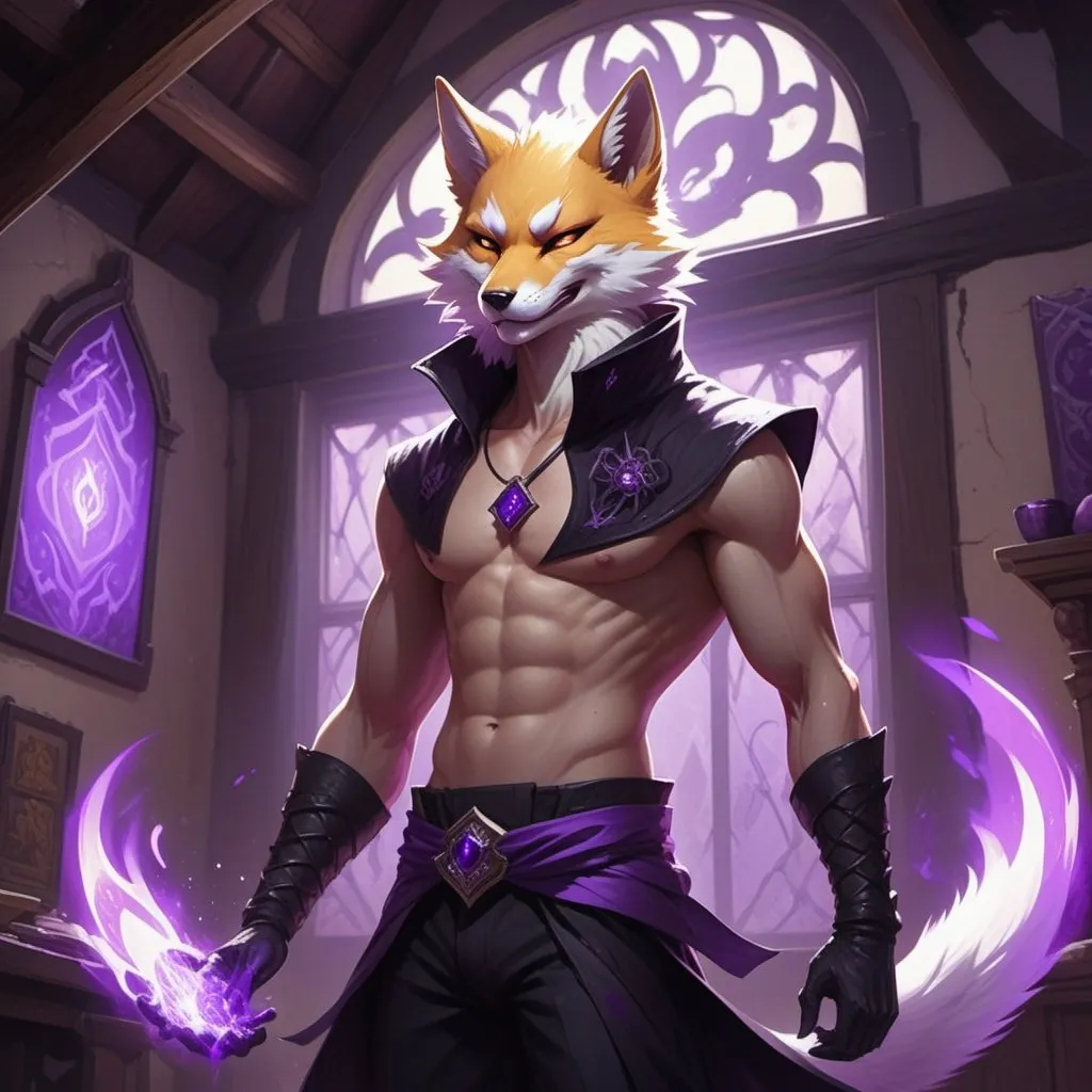 Prompt: male kitsune with furry body in a bare-chested revealing black outfit in front of the interior of an medieval aristocrat's house creates rays of purple energy, Dr. Atl, vanitas, league of legends splash art, cyberpunk art