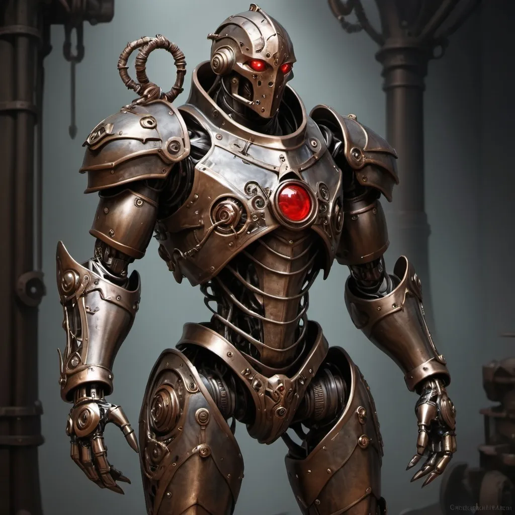 Prompt: a warforged or a robot with cords resembling tree roots reinforced with alchemical fluids serve as muscles that are contained within a bronze frame, the bronze frame resembles the armor of a knight, warforged have beautiful face without a mouth with a hinged jaw and crystalline eyes built under the brow ridges and there is a red spot or mark on the robot's forehead, full-length, neutral dark background, Cedric Seaut (Keos Masons), steampunk