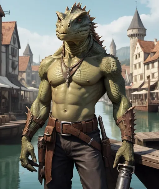 Prompt: a bare chested lizardman with scars on his chest holding a antique hand cannon in his hand standing in front of medieval harbor, with medieval hand cannons on his belt, Dr. Atl, furry art, epic fantasy character art, concept art