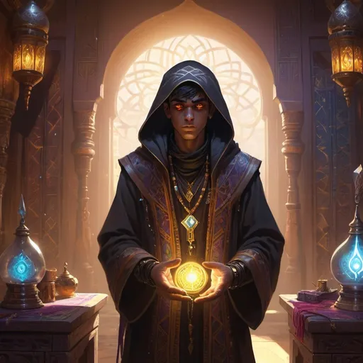 Prompt: a young man-priest dressed as a Bedouin with glowing eyes with rays of light in his hands in front of richly decorated wizard’s chambers during the day, Dr. Atl, vanitas, league of legends splash art, cyberpunk art