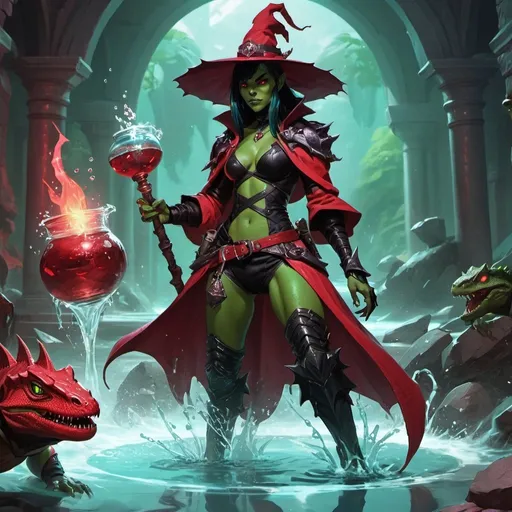 Prompt: a lizardman woman witch from Dungeons and Dragons in a red and black mantle and boots causes a magic water, Dr. Atl, vanitas, league of legends splash art, cyberpunk art