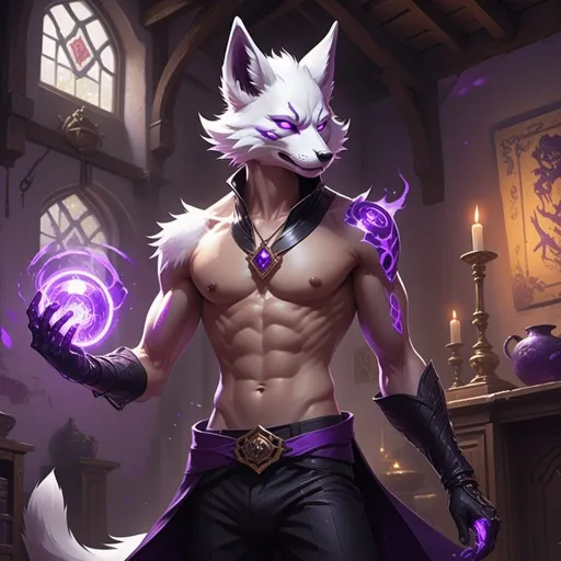 Prompt: male kitsune in a bare-chested revealing black outfit in front of the interior of an medieval aristocrat's house creates rays of purple energy, Dr. Atl, vanitas, league of legends splash art, cyberpunk art