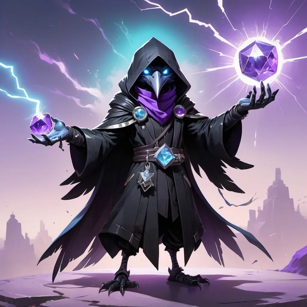 Prompt: a young friendly kenku crow in a black outfit with a silver brooch with a pale blue gem holding a purple object in his hand and a purple magical lightning in his other hand, Dr. Atl, vanitas, league of legends splash art, cyberpunk art