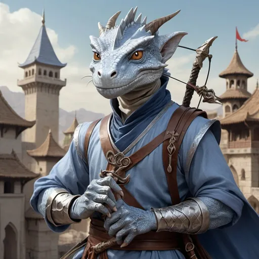 Prompt: a silver lizard-kobold from Dungeons and Dragons with a horned head and a bow in his hand wearing pale indigo arabic clothes, holding a bow at the ready in his hand, standing in front of a medieval oriental fantasy city background, Dr. Atl, vanitas, epic fantasy character art, a character portrait