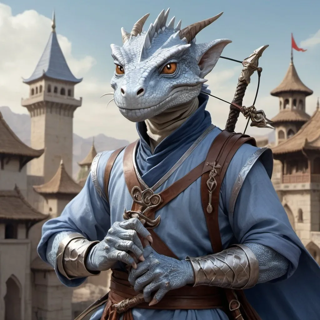 Prompt: a silver lizard-kobold from Dungeons and Dragons with a horned head and a bow in his hand wearing pale indigo arabic clothes, holding a bow at the ready in his hand, standing in front of a medieval oriental fantasy city background, Dr. Atl, vanitas, epic fantasy character art, a character portrait