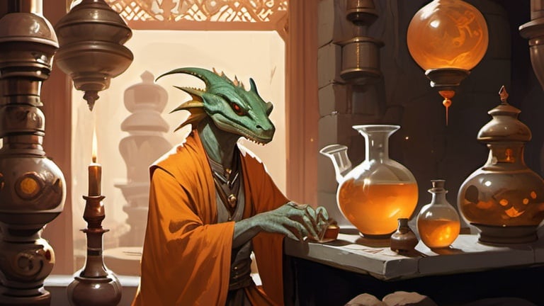 Prompt: A pale orange lizardman alchemist dressed in oriental clothes prepares potions in front of a Byzantine interior of a fantasy stone alchemical laboratory, Art of Brom, fantasy art, epic fantasy character art, concept art
