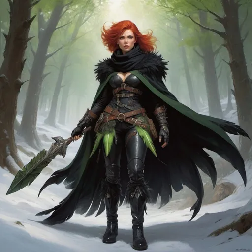 Prompt: a scandinavian woman monster hunter with red hair and green eyes wearing a black outfit and cape and a black scarf with green feathers on her head and a black snood around her neck and on her chest and in high boots, full length, Donato Giancola, fantasy art, epic fantasy character art, concept art