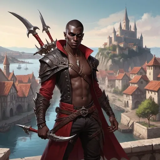 Prompt: a young dark man in a high quality assassin's clothes holding a two sickles in his hands in the pose of Valeera Sanguinar in front of medieval city with bay, Clint Cearley, fantasy art, epic fantasy character art, concept art