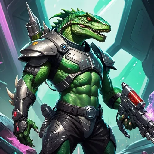 Prompt: A muscular green lizardman, armed with a syringe pistol, dressed in armor with an open belly, stands against the backdrop of a futuristic spaceship, Dr. Atl, vanitas, league of legends splash art, cyberpunk art