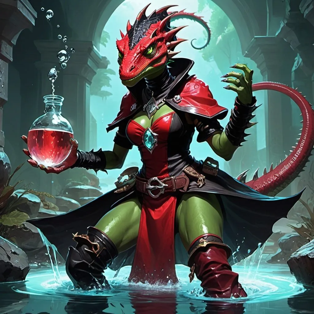 Prompt: a lizardman woman witch from Dungeons and Dragons in a red and black mantle and boots causes a magic water, Dr. Atl, vanitas, league of legends splash art, cyberpunk art