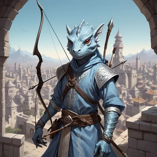 Prompt: a silver lizard-kobold archer from Dungeons and Dragons with a horned head and a bow in his hand wearing pale indigo arabic clothes, holding a bow at the ready in his hand, standing in front of a medieval oriental fantasy city background, Dr. Atl, vanitas, league of legends splash art, cyberpunk art