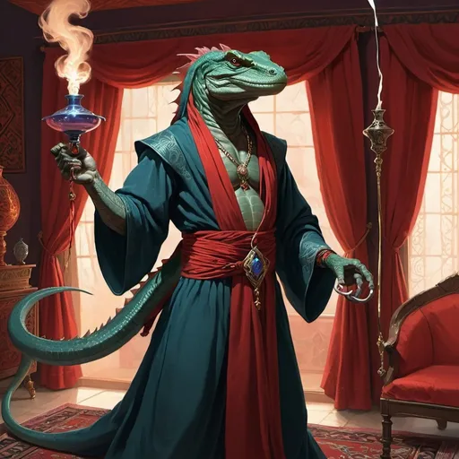 Prompt: a dark lizardman sorcerer in Persian robes with a blowing in the wind ribbon on his shoulder and a scarlet magic lightning in his hand, standing in front of a Persian interior with hookah and satin curtains, Art of Brom, fantasy art, epic fantasy character art