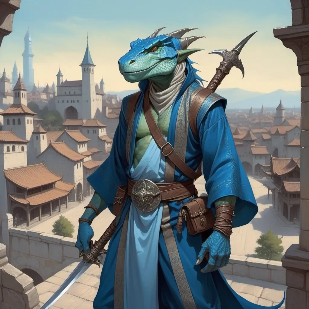 Prompt: a blue bare-chested lizardman wizard  without outerwear and sword and a bag on his shoulder and a scimitar in his hands in oriental attire in satin scarves around the neck with long ears and horns, standing in front of a medieval european fantasy city background, Art of Brom, fantasy art, epic fantasy character art