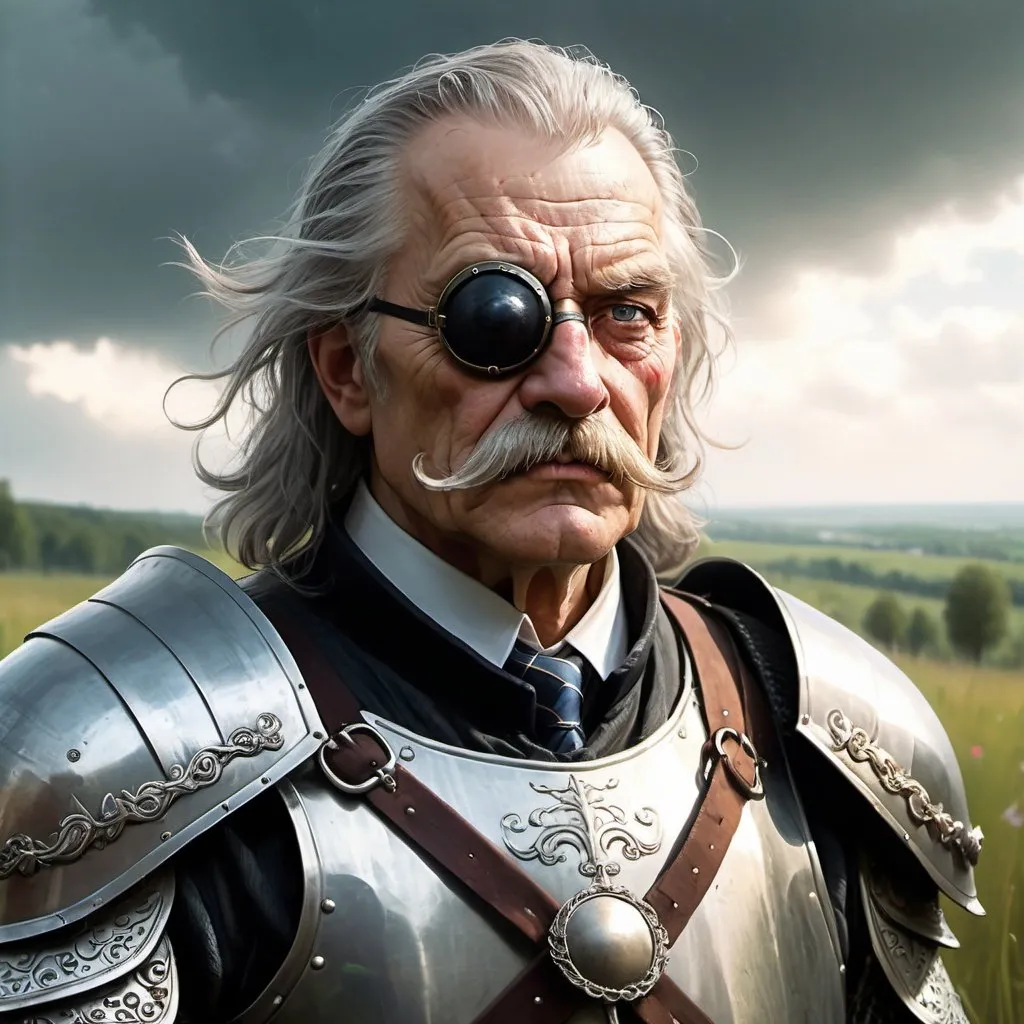 Prompt: a old man in plate armor wearing a fake eye patch with a tie on the left eye and with thick hair and mustache stands against the backdrop of a meadow in cloudy weather, Aleksi Briclot, antipodeans, fantasy character art