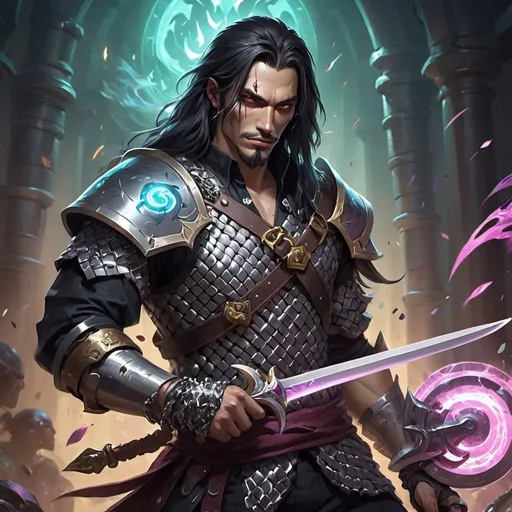 Prompt: a man with a long hair dressed like an warrior in chain mail shirt on holding a scimitar in his hand, Dr. Atl, vanitas, league of legends splash art, cyberpunk art