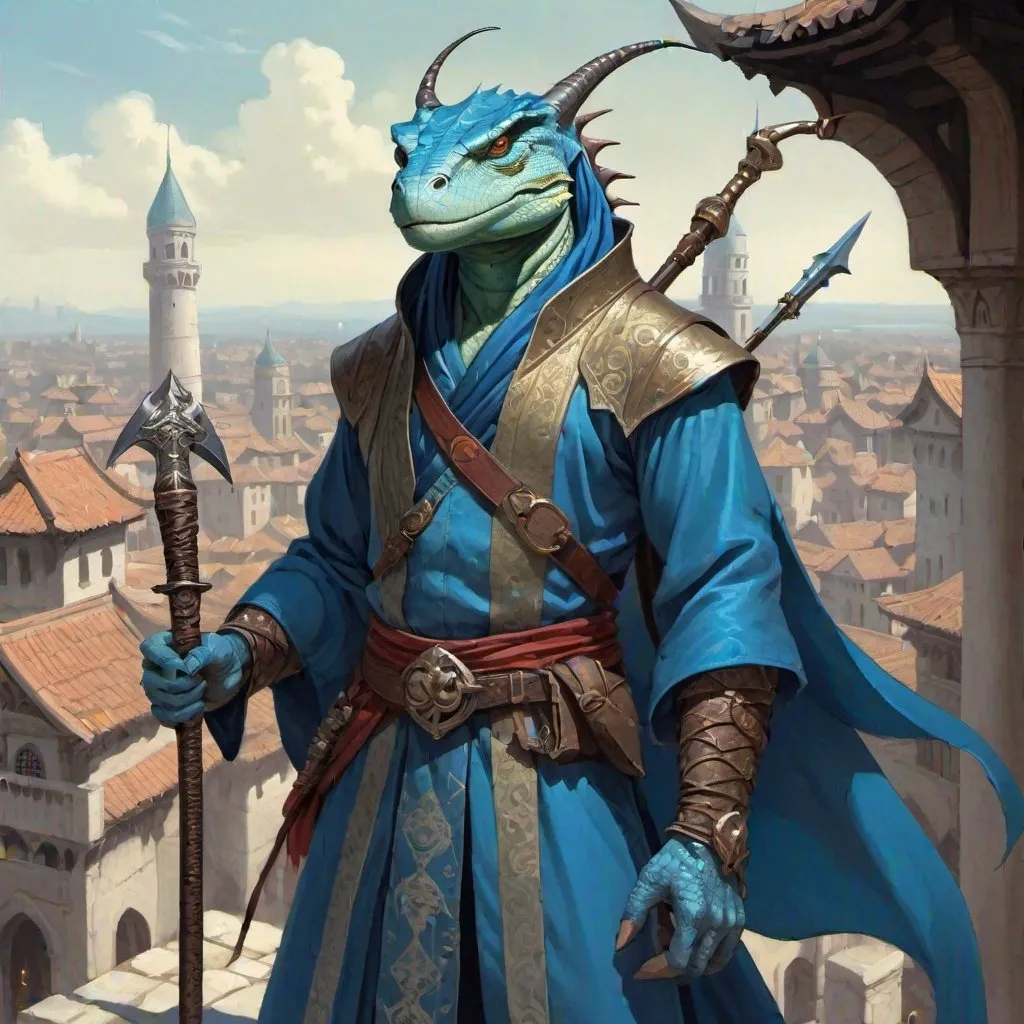 Prompt: a blue bare-chested lizardman wizard  without outerwear and sword and a bag on his shoulder and a scimitar in his hands in oriental attire in satin scarves around the neck with long ears and horns, standing in front of a medieval european fantasy city background, Art of Brom, fantasy art, epic fantasy character art