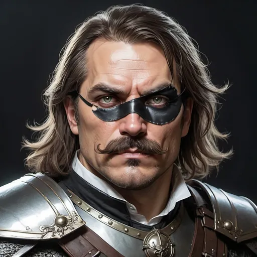 Prompt: a 40 years old man in plate armor wearing a fake eye patch covering the eye with a tie on the left eye and with thick hair and mustache, Aleksi Briclot, antipodeans, epic fantasy character art