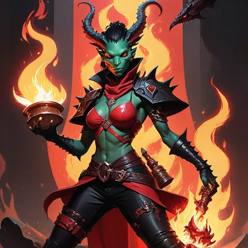 Prompt: a lizardman woman witch from Dungeons and Dragons in a red and black mantle and boots causes a flame, Dr. Atl, vanitas, league of legends splash art, cyberpunk art