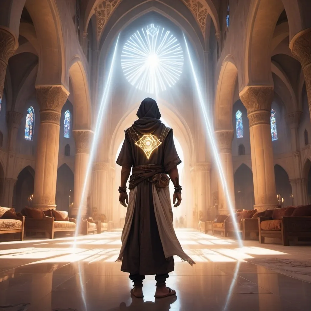 Prompt: a young man dressed as a Bedouin with rays of light in his hands in front of fantasy cathedral interior during the day, Dr. Atl, vanitas, league of legends splash art, cyberpunk art