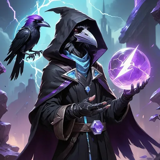 Prompt: a young friendly kenku crow in a black outfit with a silver brooch with a pale blue gem holding a purple object in his hand and a purple magical lightning in his other hand, Dr. Atl, vanitas, league of legends splash art, cyberpunk art