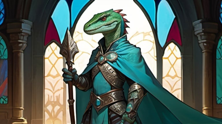Prompt: A lizardfolk paladin with a khopesh in his right hand, slim athletic build, his muzzle looks like a velociraptor, he smiles reservedly, his scales are pale blue, he mysteriously looks somewhere into the distance. He is dressed in oriental style metal heavy armor, he is wearing a silk scarf that flutters in the wind. Behind his back is a turquoise cloak. He stands against the background of a fantasy temple interior, colored stained glass windows from which daylight falls, curtains hanging down to the floor. Art of Brom, fantasy art, epic fantasy character art, concept art