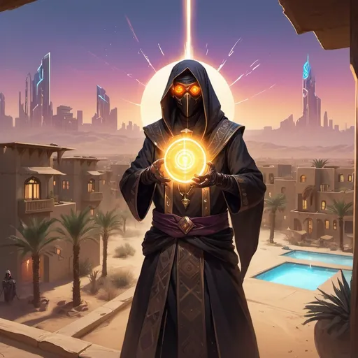 Prompt: a priest dressed as a Bedouin with glowing eyes shoots beams of light in front of apartments with windows and views of the city in the desert with gardens and pools, Dr. Atl, vanitas, league of legends splash art, cyberpunk art