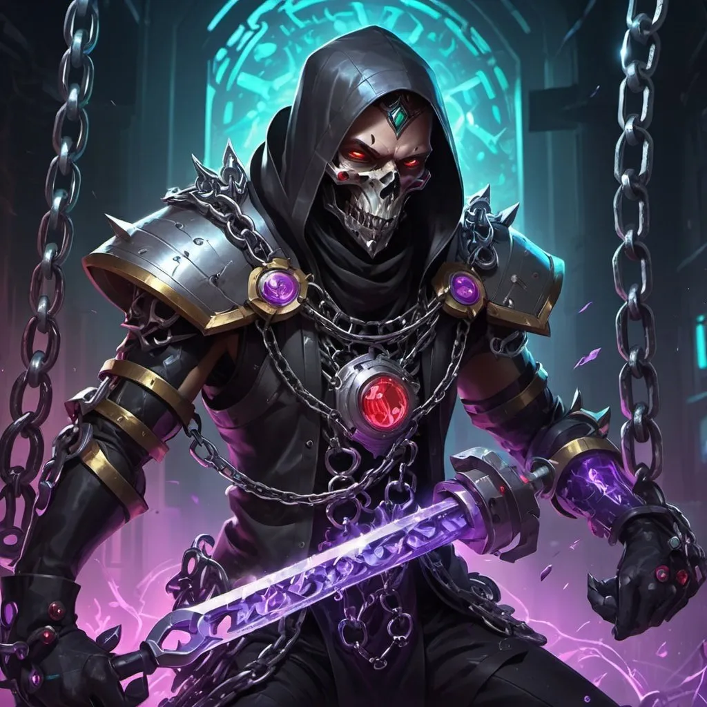 Prompt: chain mail with chains, Dr. Atl, vanitas, league of legends splash art, cyberpunk art