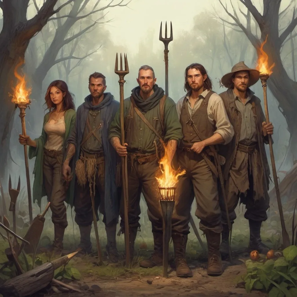 Prompt: a group of lizarfolks and humans peasants with pitchforks, torches and other garden tools in tattered clothes, Chris Rahn, fantasy art, epic fantasy character art, a character portrait