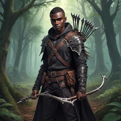 Prompt: a young dark man in a high quality assassin's clothes holding a two battle sickles in his hands and with and a one-handed crossbow on his back in front of fairy forest, Dr. Atl, fantasy art, epic fantasy character art, concept art