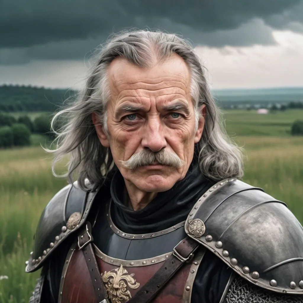 Prompt: a old man in Hussite armor with tight black bandage covering his left eye, with thick hair and mustache, stands against the backdrop of a meadow in cloudy weather, antipodeans, fantasy character art