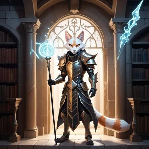 Prompt: A slender humanoid ginger kitsune in the stylish armor of a sorcerer with a metal rod in his hands creates a funnel of magical white rays in front of interior of a stone mansion with a library in the midnight, Dr. Atl, vanitas, league of legends splash art, cyberpunk art